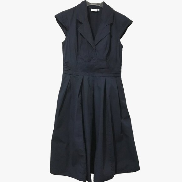 Eshakti 100% Cotton Fit-flare Shirt Dress Cap Sleeves Pockets Navy Womens Large - Picture 1 of 9